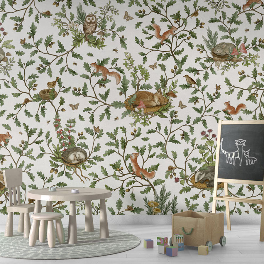 Playful Woods – White wallpaper mural in a chalkboard