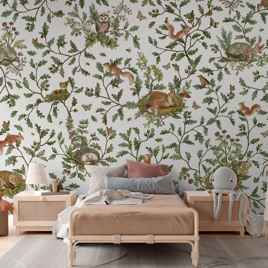 Playful Woods – White wallpaper mural in a rattan bed