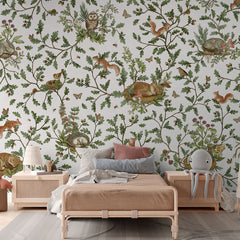 Playful Woods – White wallpaper mural in a rattan bed