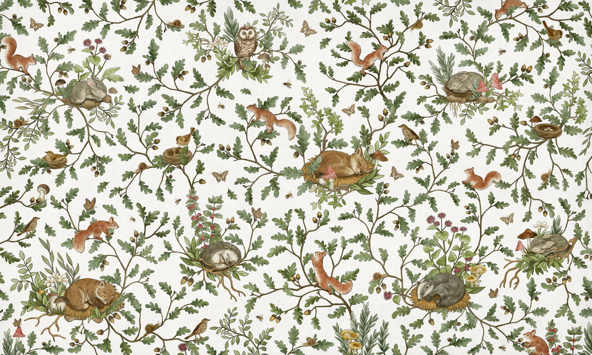 Playful Woods – White wallpaper mural by Kikki Belle