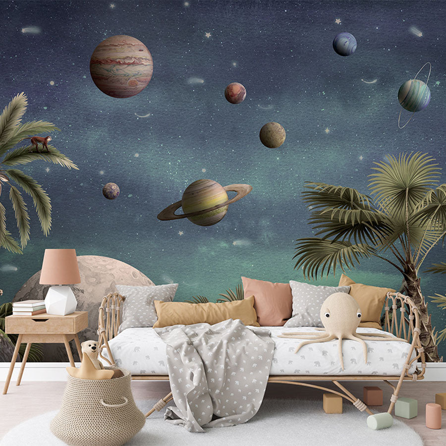 Pretty Planets wallpaper mural in a children’s bedroom rattan daybed