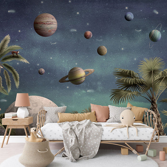 Pretty Planets wallpaper mural in a children’s bedroom rattan daybed