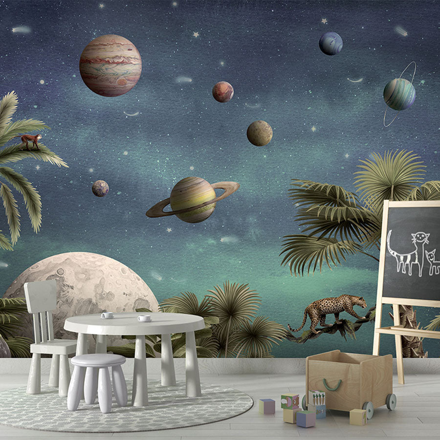 Pretty Planets wallpaper mural in a children’s playroom school board