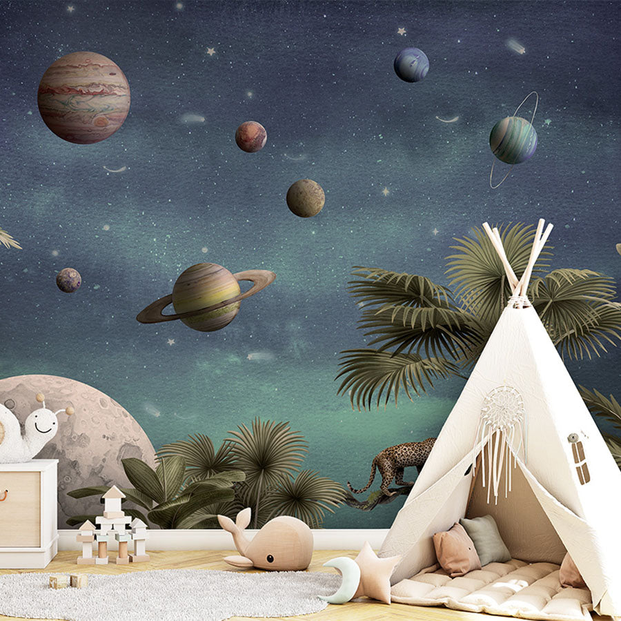 Pretty Planets wallpaper mural in a children’s playroom tipi