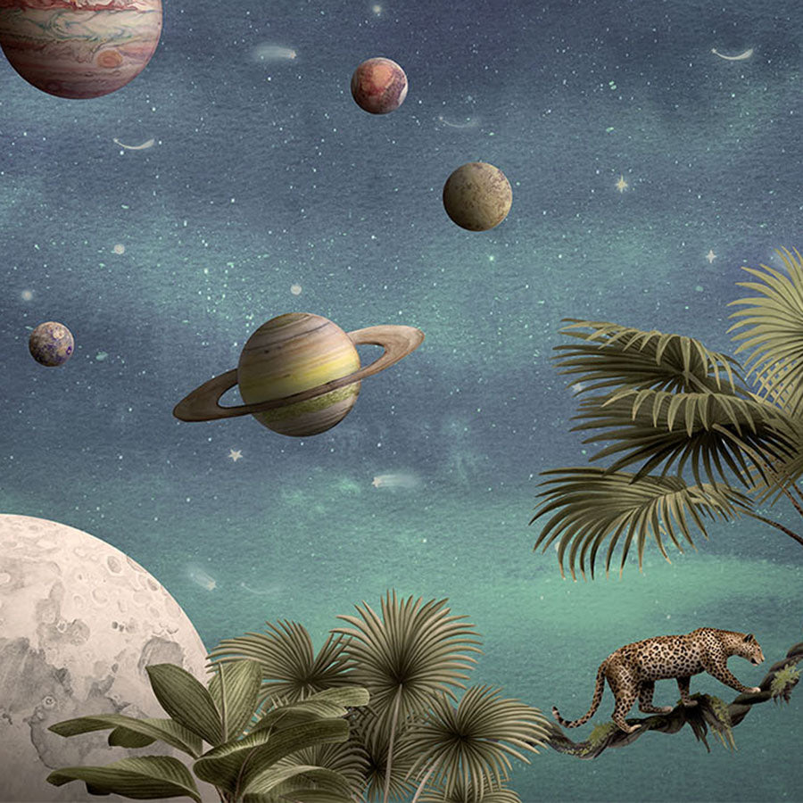 Close-up of the Pretty Planets wallpaper mural featuring planets, stars and tropical wildlife