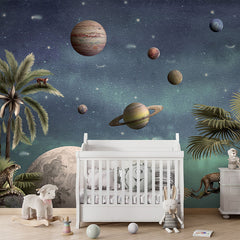 Pretty Planets wallpaper mural in a nursery cot