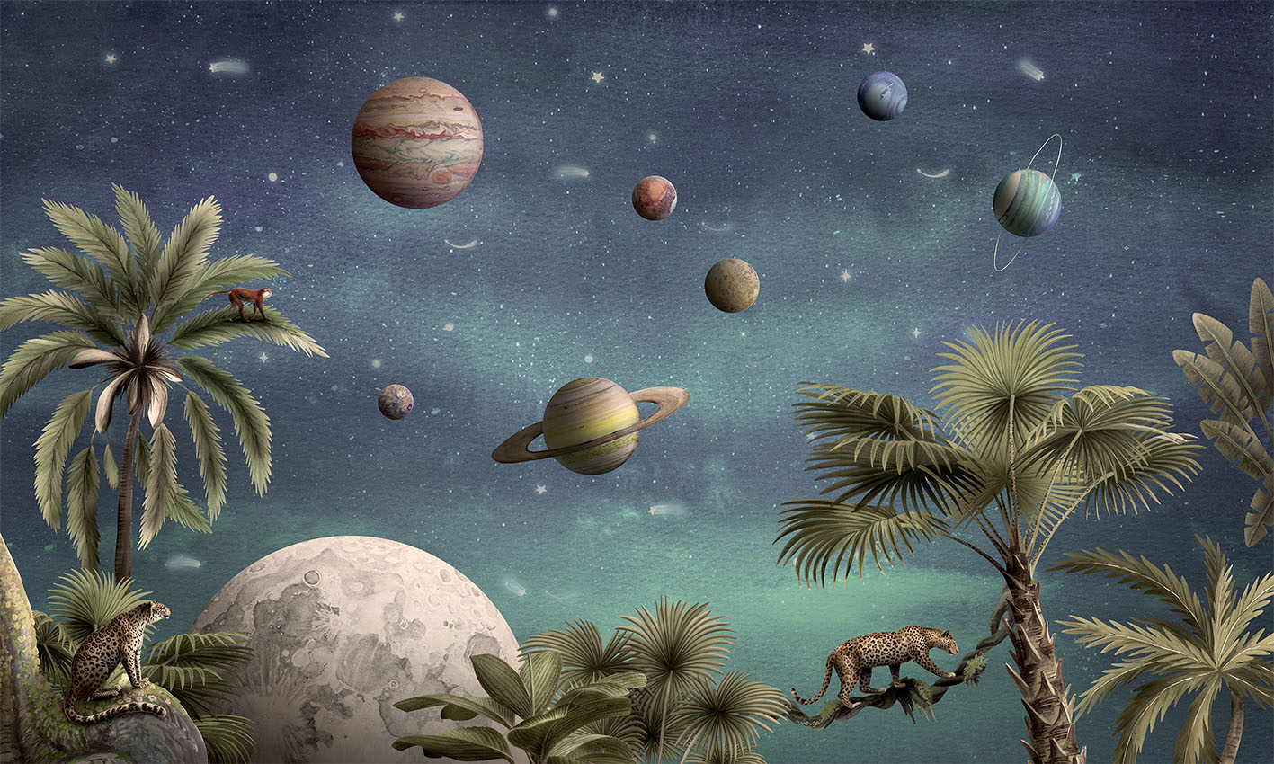 Pretty Planets wallpaper mural by Kikki Belle featuring planets, stars and tropical wildlife