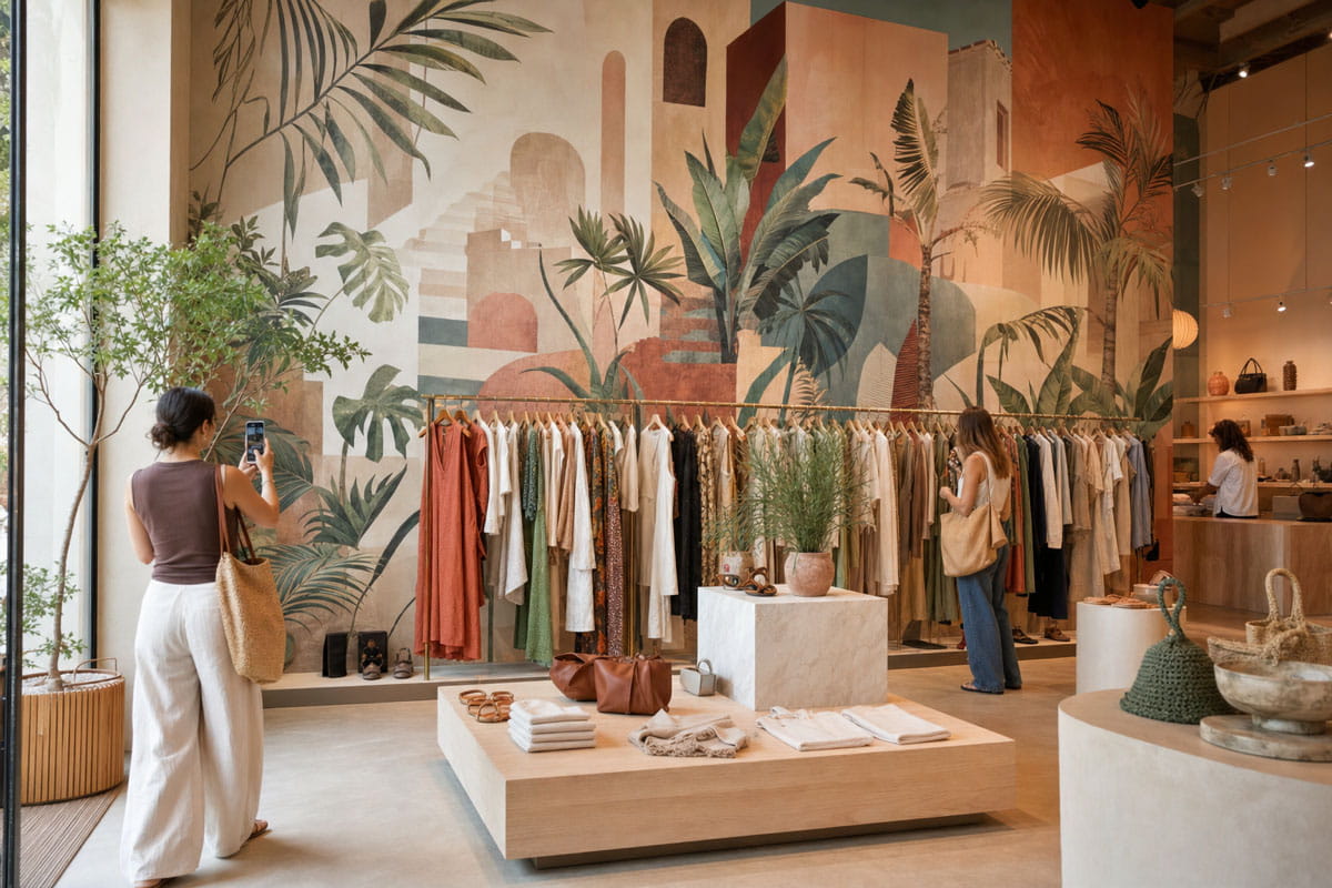 Wallpapered mural in a commercial interior