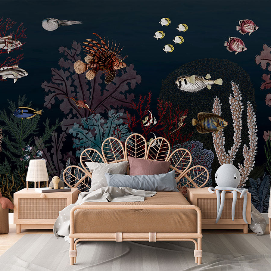 Roaring Reef – Blue wallpaper mural in a children’s bedroom rattan bed