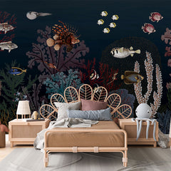 Roaring Reef – Blue wallpaper mural in a children’s bedroom rattan bed