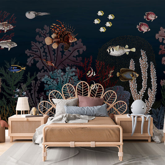 Roaring Reef – Blue wallpaper mural in a children’s bedroom rattan bed