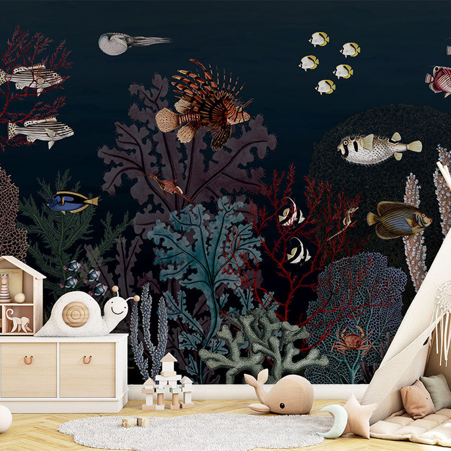Roaring Reef – Blue wallpaper mural in a children’s playroom tipi