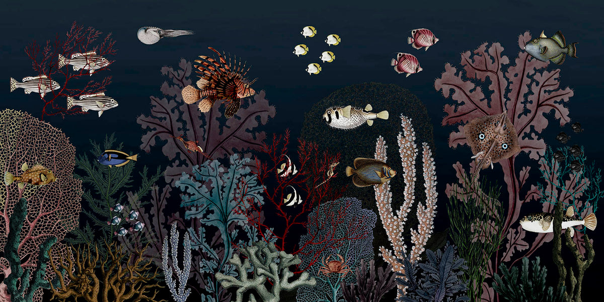 Roaring Reef – Blue wallpaper mural by Kikki Belle