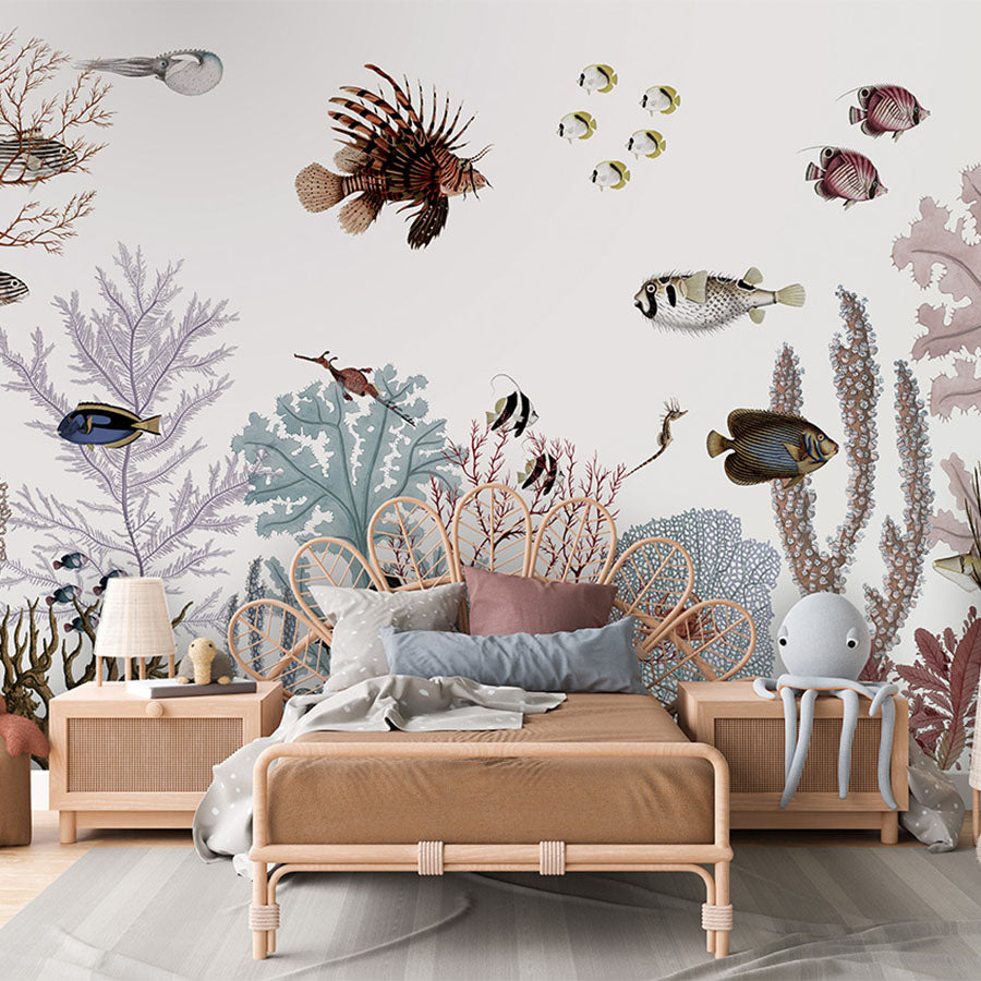 Roaring Reef – White wallpaper mural in a children’s bedroom rattan bed