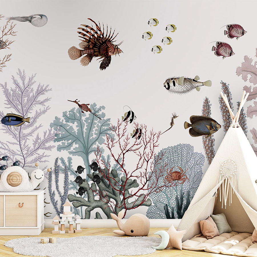 Roaring Reef – White wallpaper mural in a children’s playroom tipi