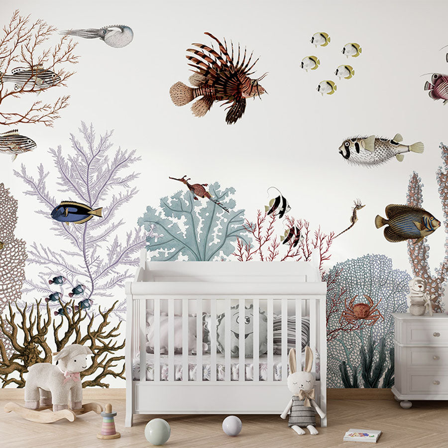 Roaring Reef – White wallpaper mural in a nursery cot