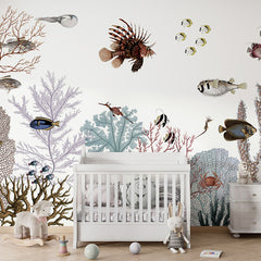 Roaring Reef – White wallpaper mural in a nursery cot