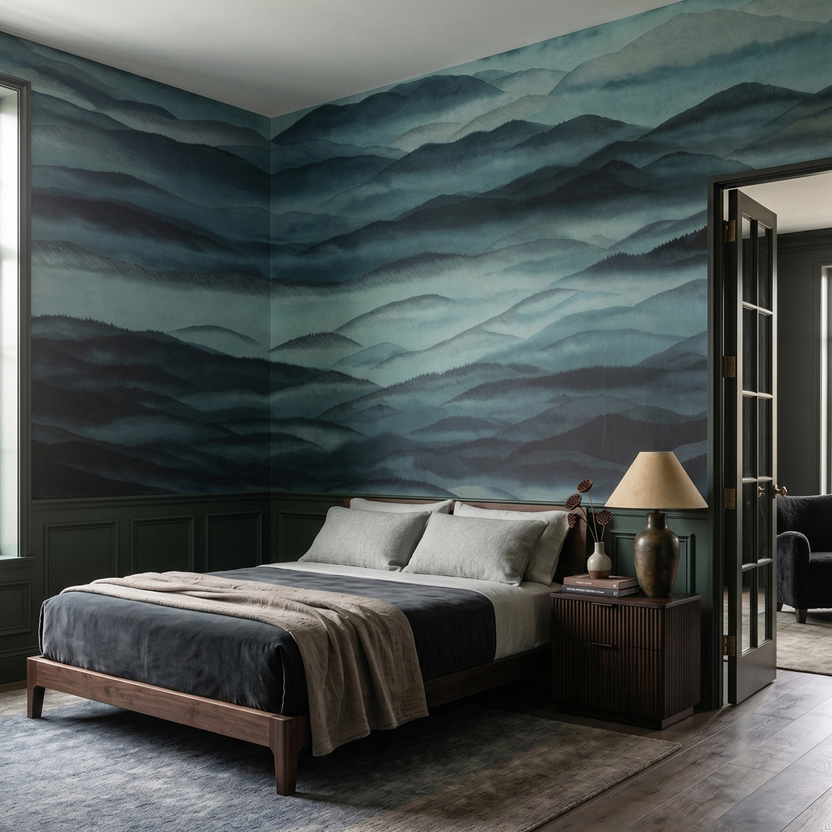 Roerich Hills wallpaper mural shown in bedroom with neutral bed