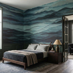 Roerich Hills wallpaper mural shown in bedroom with neutral bed