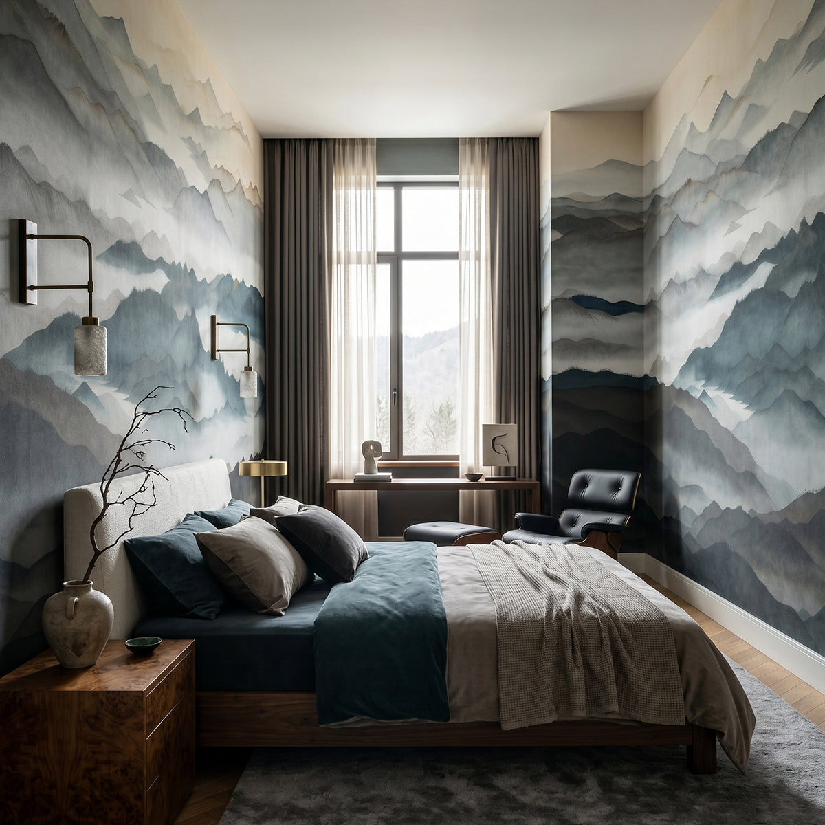 Roerich Light wallpaper mural shown in bedroom with dark bed and blue throw