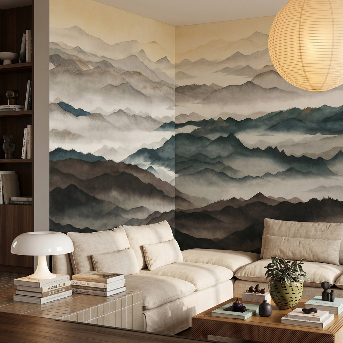 Roerich Light wallpaper mural shown in living room with cream sectional