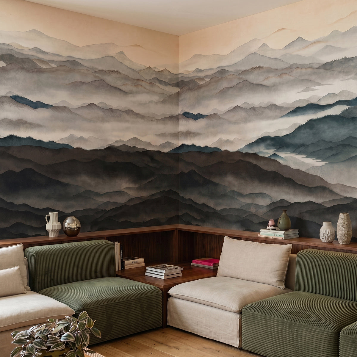Roerich Light wallpaper mural shown in living room with green sectional