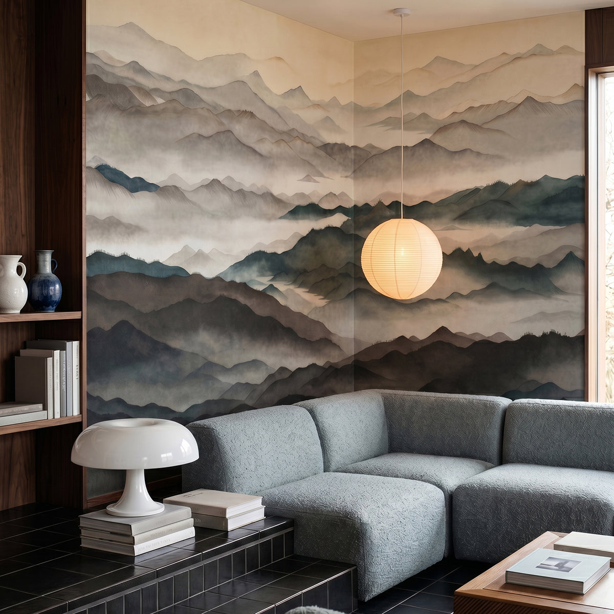 Roerich Light wallpaper mural shown in living room with grey sectional