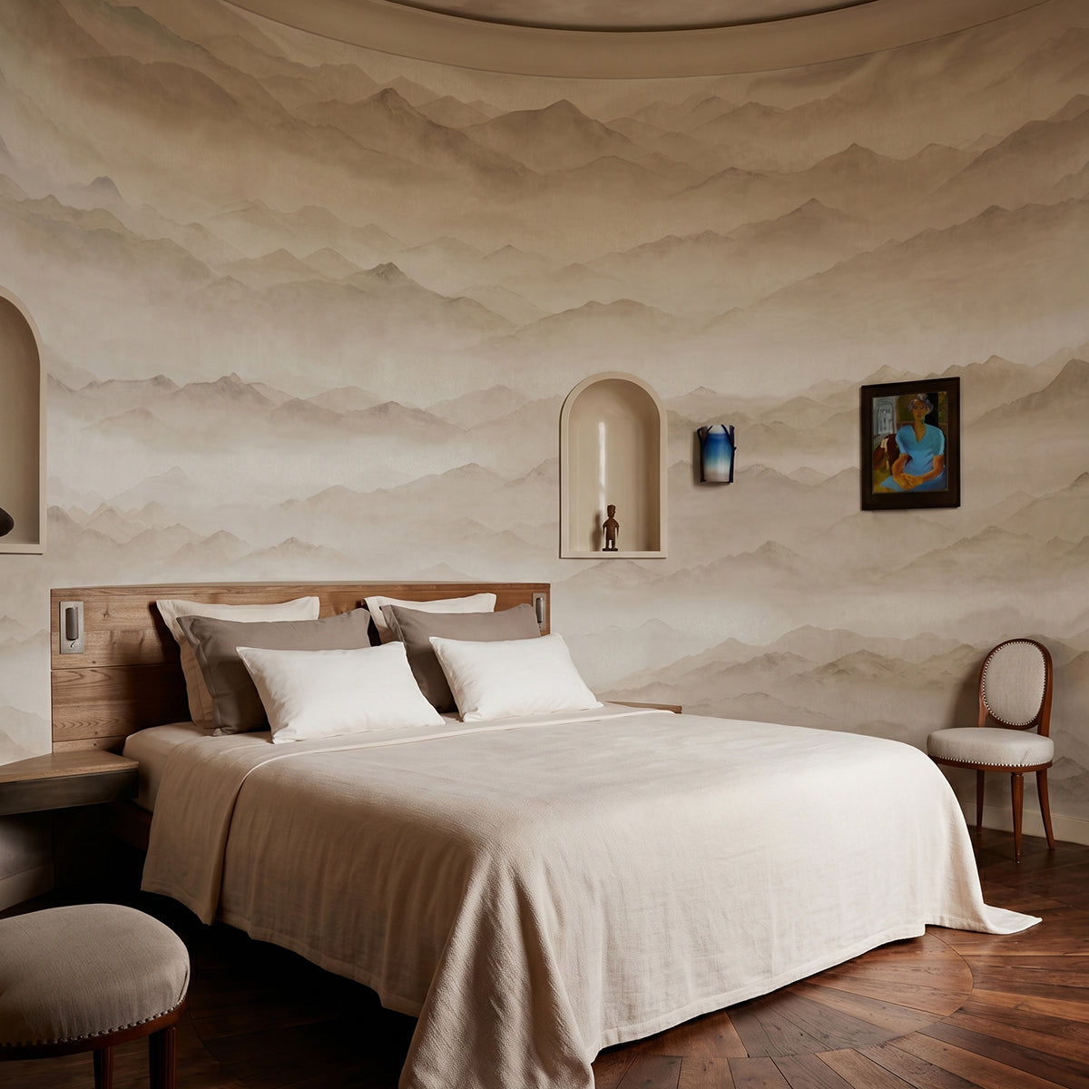 Roerich Peaks wallpaper mural shown in bedroom with neutral bed