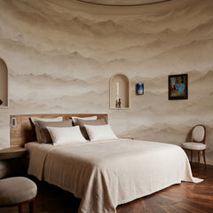 Roerich Peaks wallpaper mural shown in bedroom with neutral bed