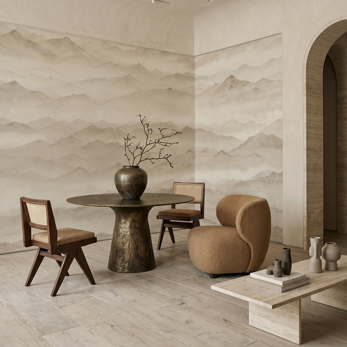 Roerich Peaks wallpaper mural shown in dining room with round table and mixed chairs