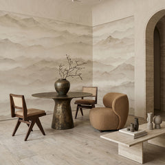 Roerich Peaks wallpaper mural shown in dining room with round table and mixed chairs