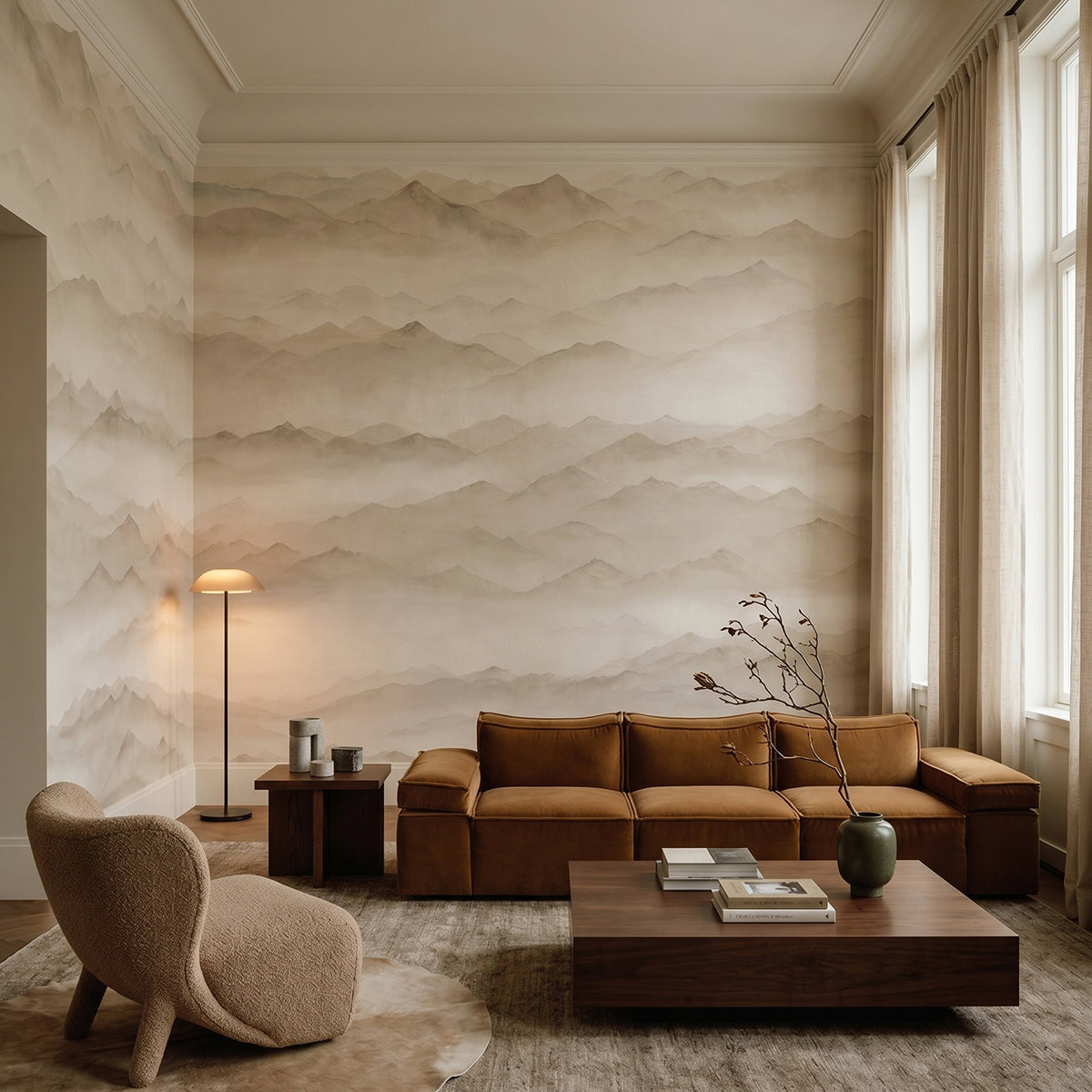 Roerich Peaks wallpaper mural shown in living room with brown sectional