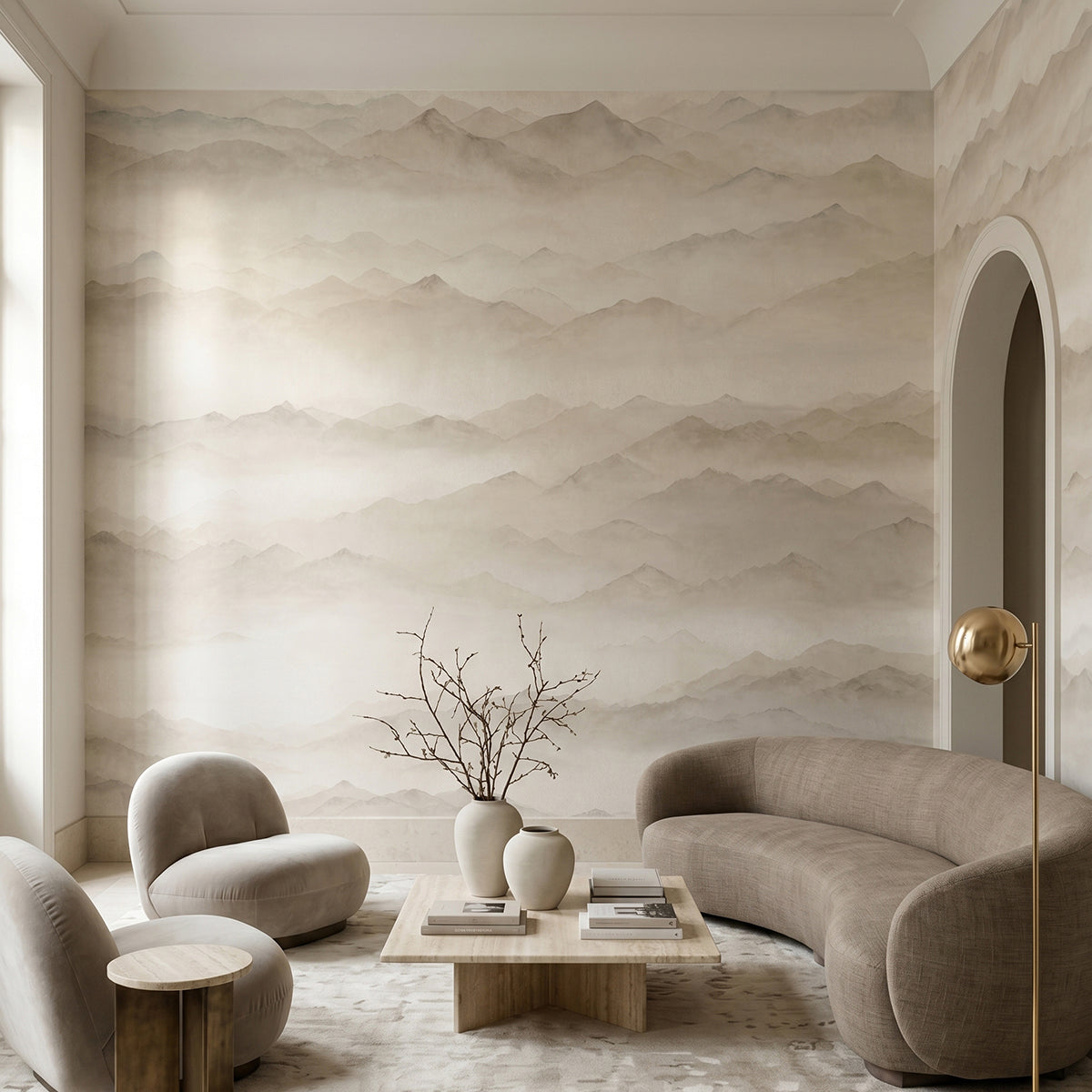 Roerich Peaks wallpaper mural shown in living room with curved sofa and boucle chair
