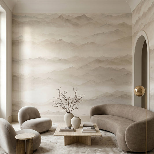 Roerich Peaks wallpaper mural shown in living room with curved sofa and boucle chair