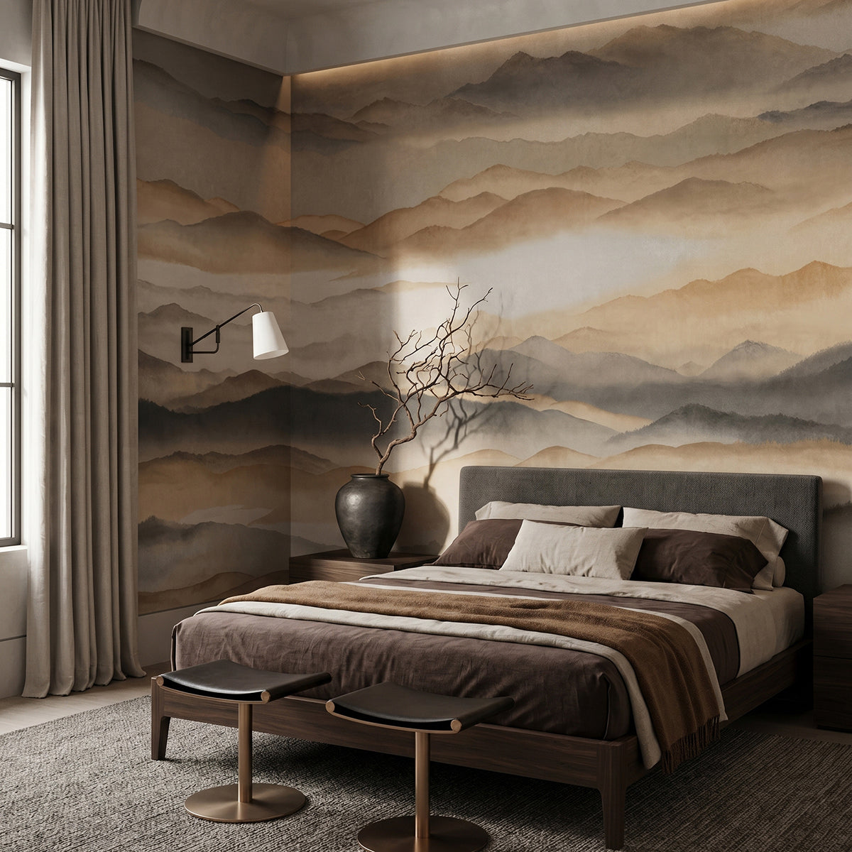 Roerich Silence wallpaper mural shown in bedroom with brown bed and bench