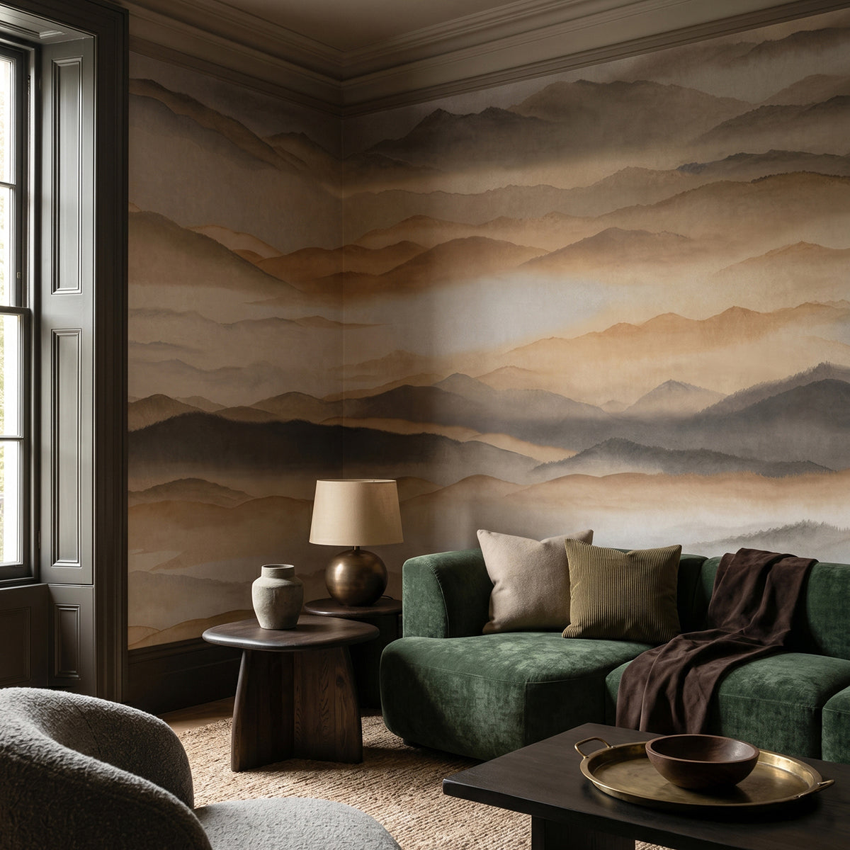 Roerich Silence wallpaper mural shown in living room with green sofa and grey chair