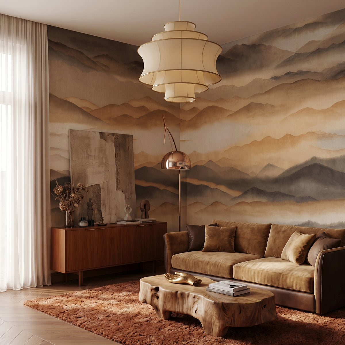Roerich Silence wallpaper mural shown in living room with tan sofa and sideboard