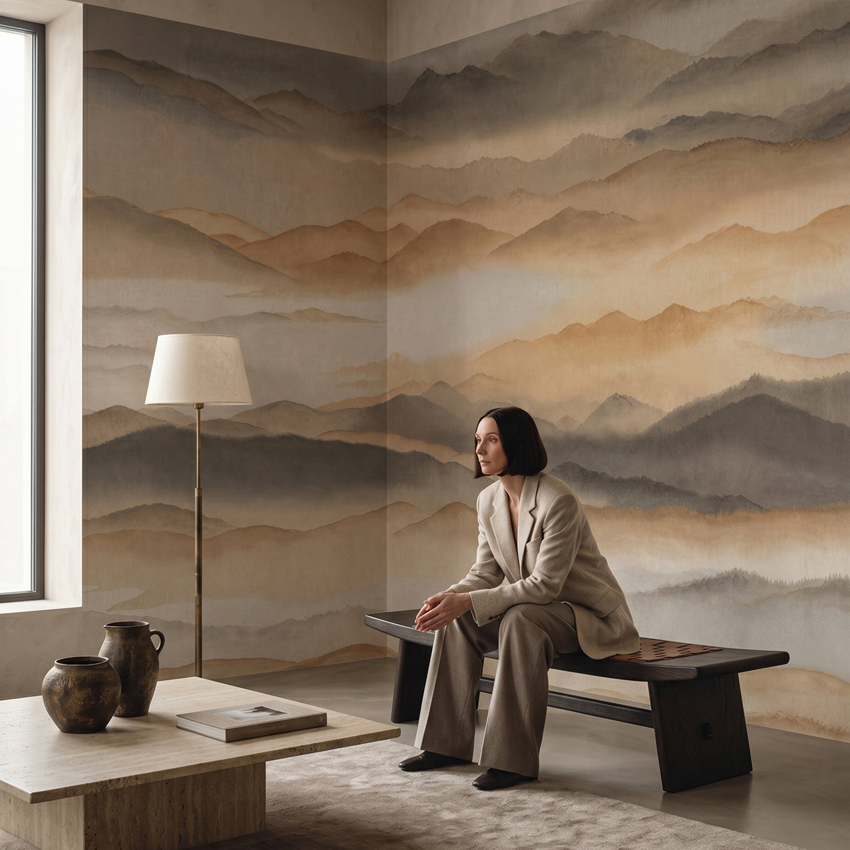 Roerich Silence wallpaper mural shown in reading corner with bench
