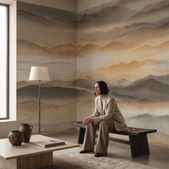 Roerich Silence wallpaper mural shown in reading corner with bench