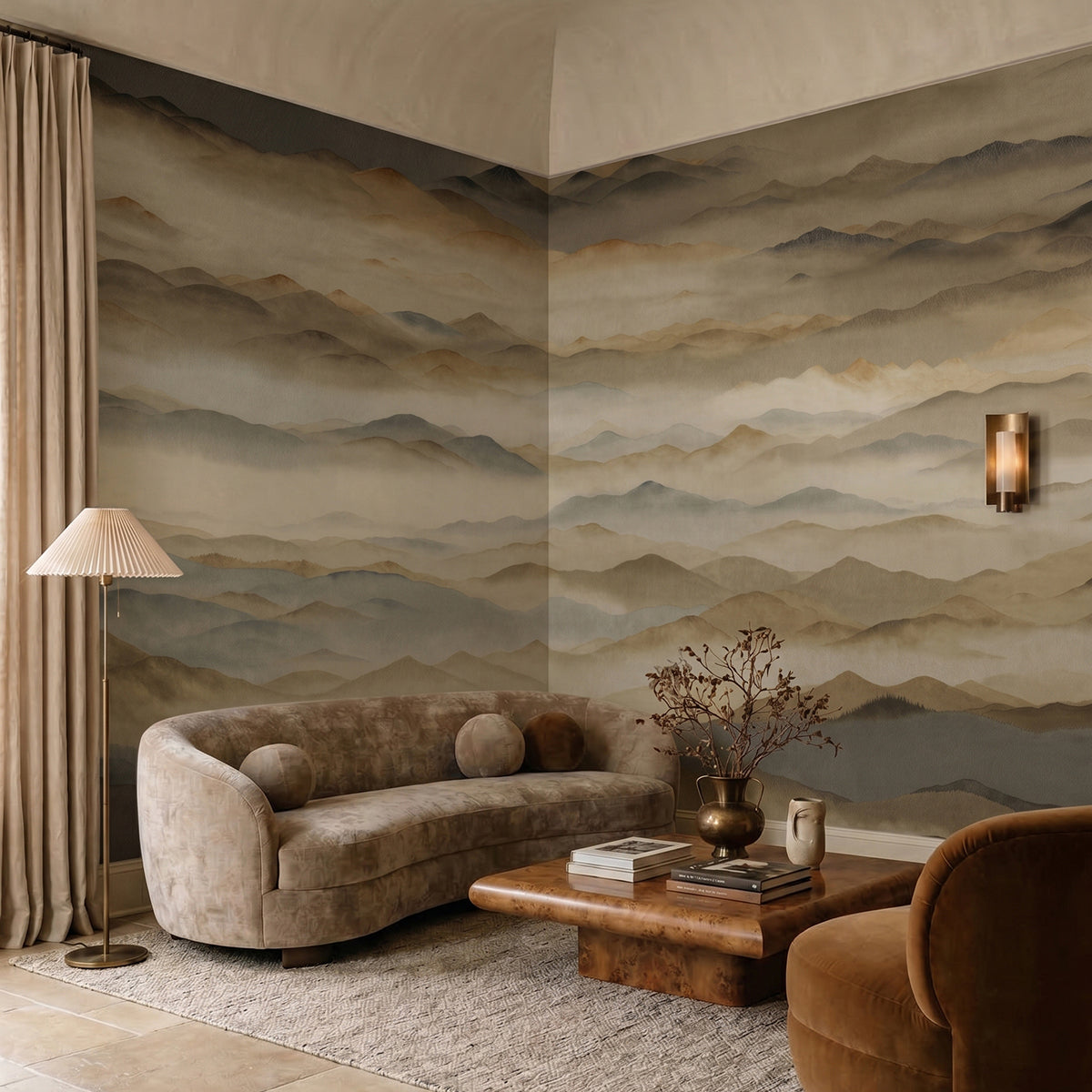Roerich Twilight wallpaper mural shown in living room with boucle sofa and brown chair