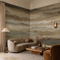 Roerich Twilight wallpaper mural shown in living room with boucle sofa and brown chair