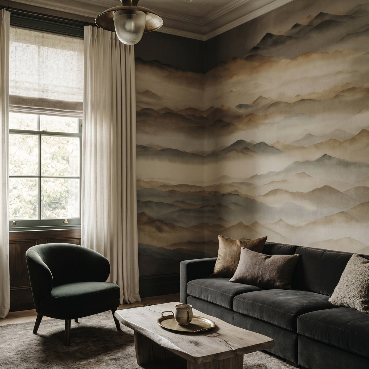Roerich Twilight wallpaper mural shown in living room with dark sofa and green chair