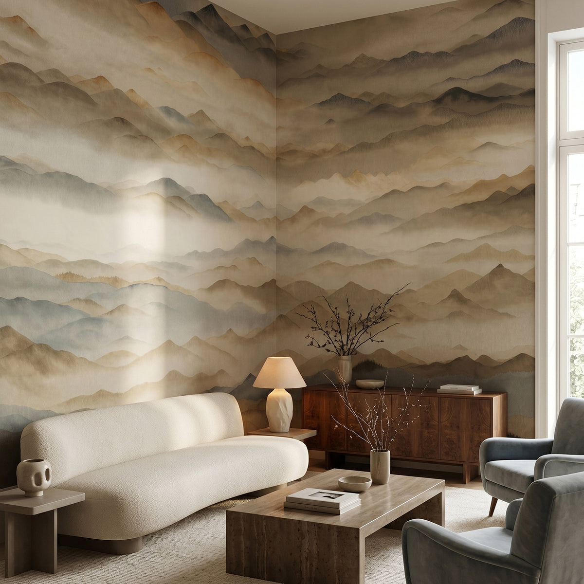 Roerich Twilight wallpaper mural shown in living room with white sofa