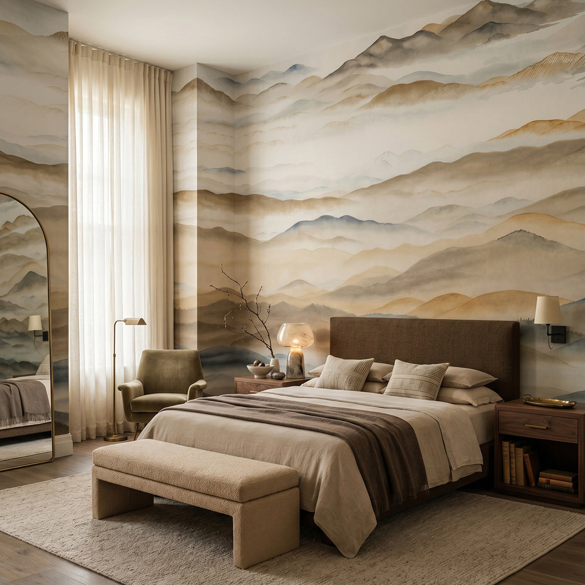 Roerich Valley wallpaper mural shown in bedroom with brown bed and bench
