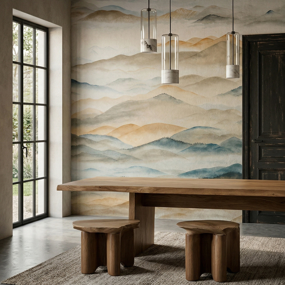 Roerich Valley wallpaper mural shown in dining room with bench table