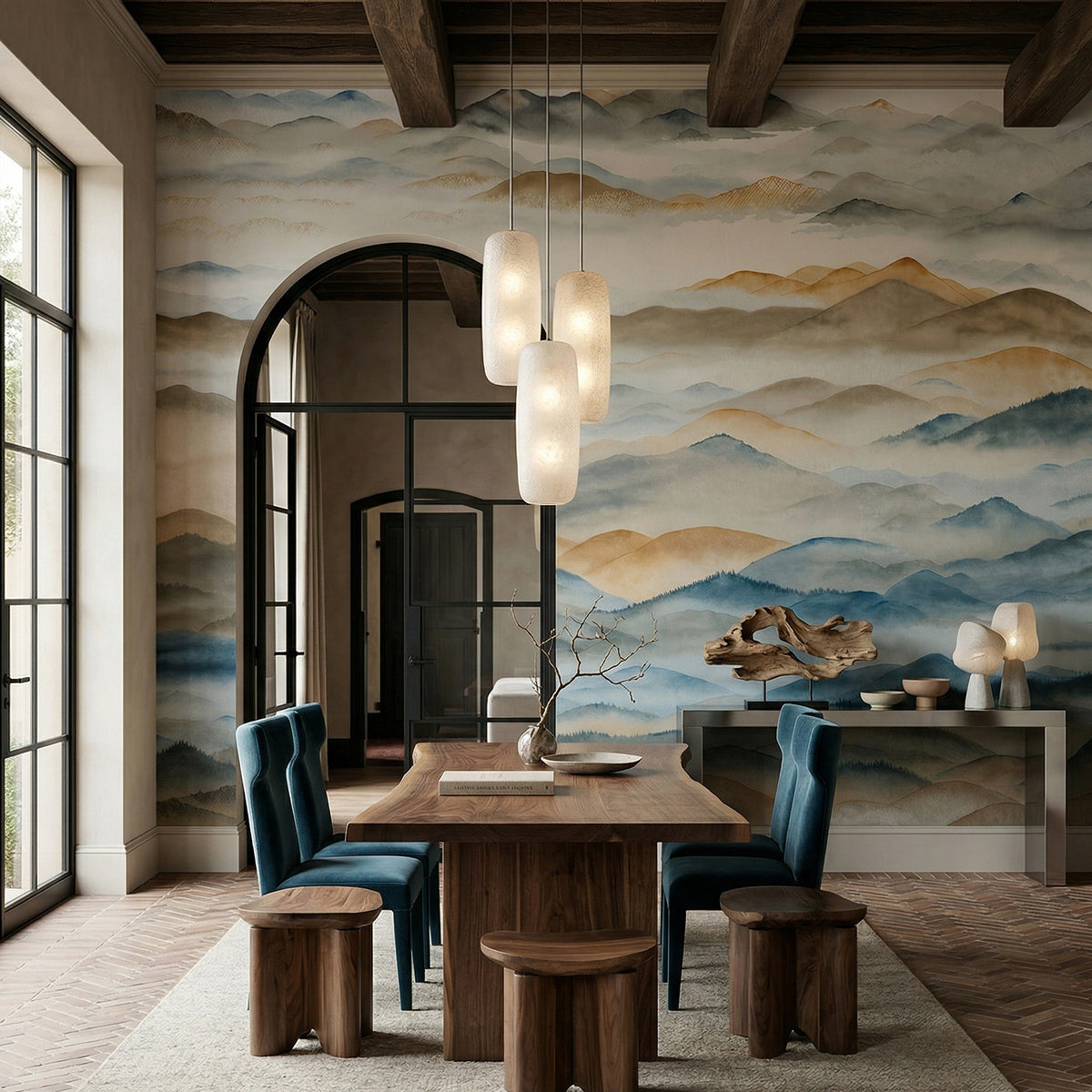 Roerich Valley wallpaper mural shown in home office with desk blue chairs