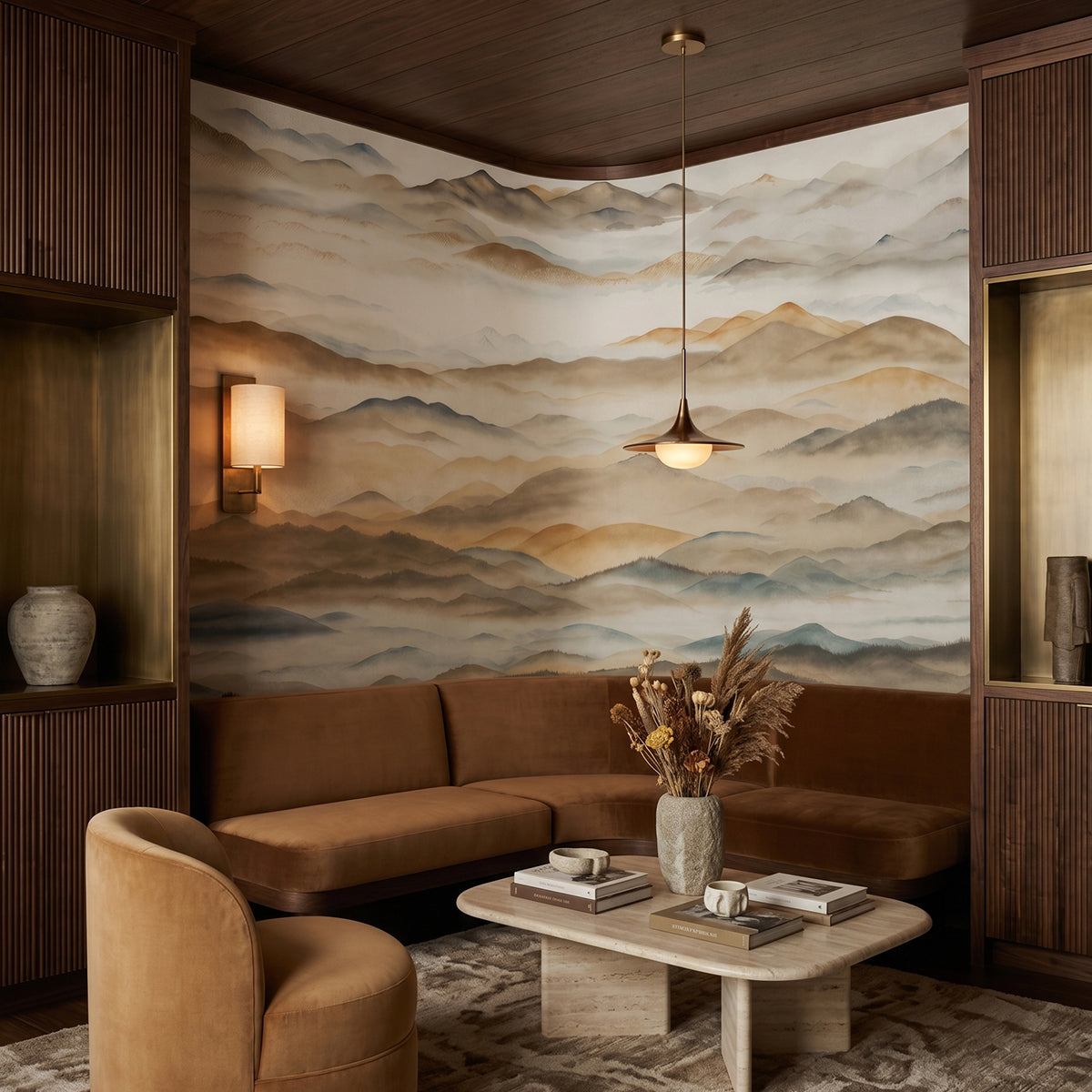 Roerich Valley wallpaper mural shown in living room with brown sofa and tan chair