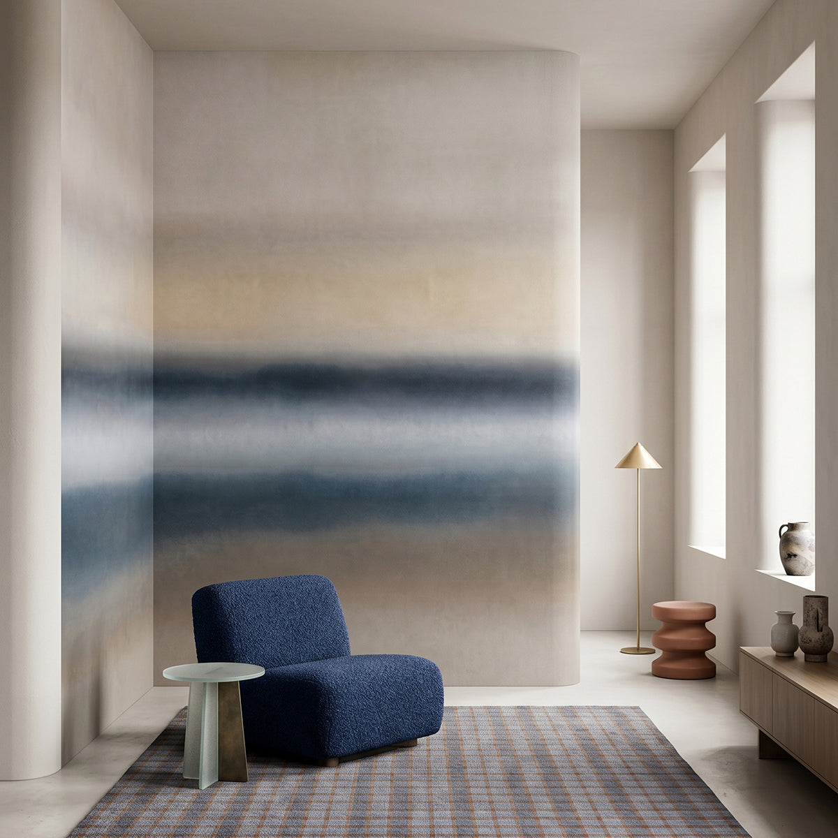 Rotko Ash wallpaper mural shown in reading corner with blue chair and side table