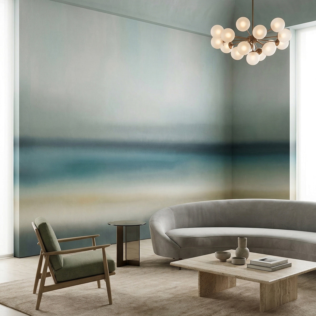Rotko Blush wallpaper mural shown in living room with grey curved sofa and green chair