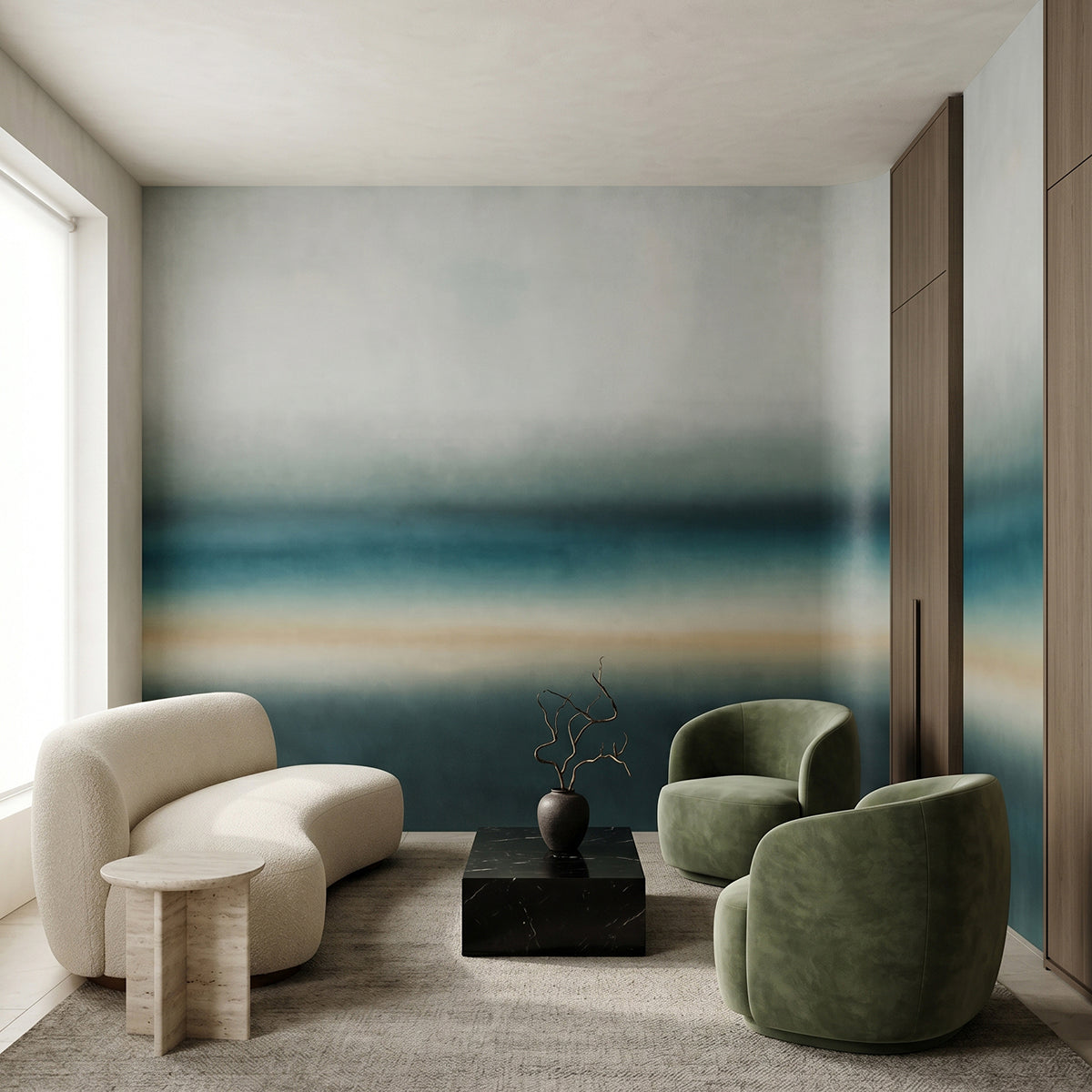 Rotko Blush wallpaper mural shown in living room with white sofa and green armchairs